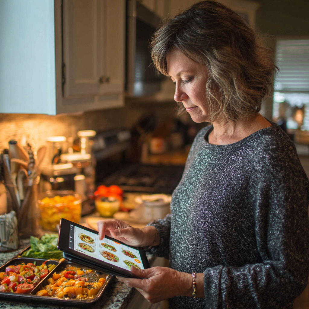 Жінка віком 52 років готує здорову їжу на кухні з планшетом, на якому відкрито додаток lomderisk з рецептами