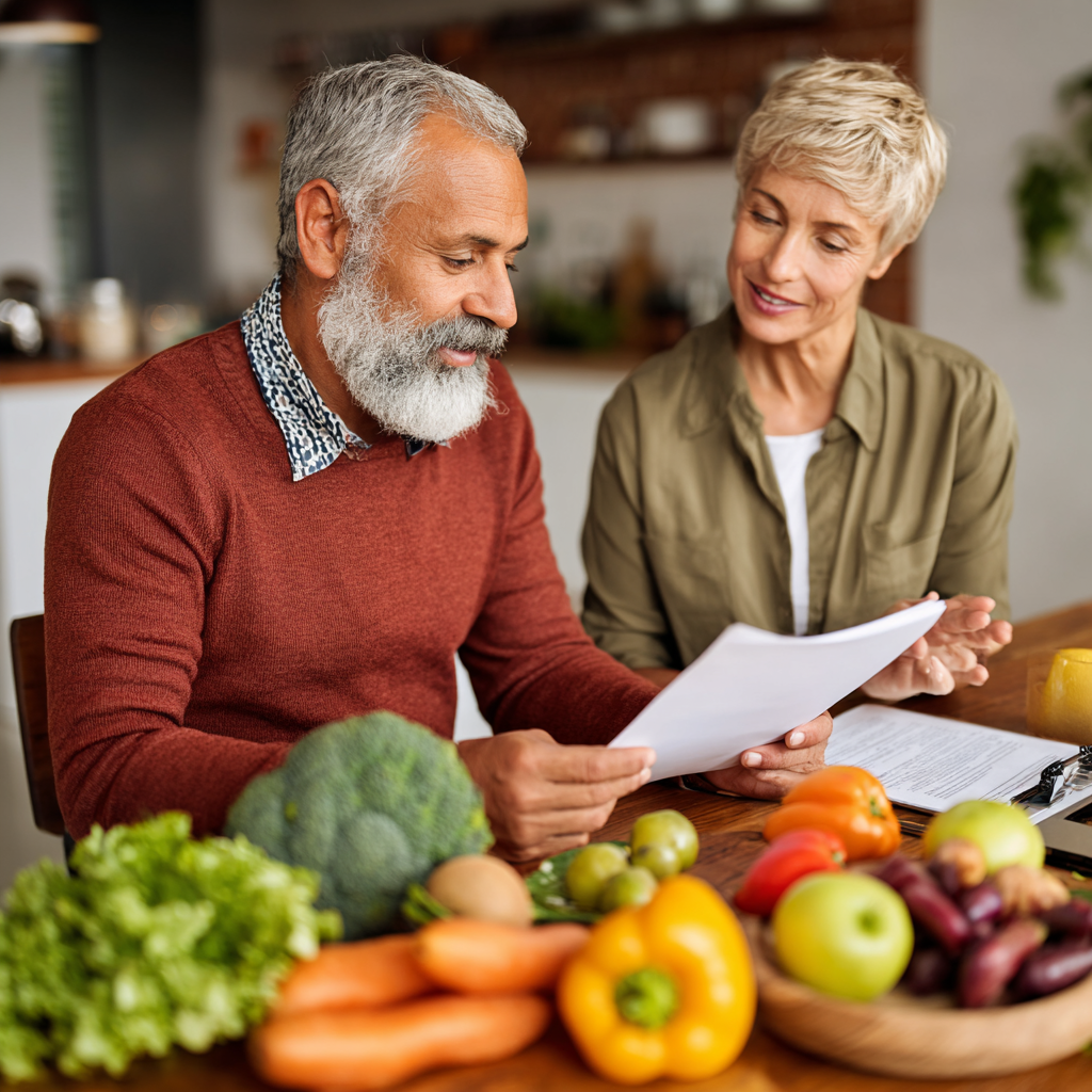 Чоловік віком 58 років з лікарем-дієтологом обговорюють персональний план харчування за столом з різноманітними здоровими продуктами