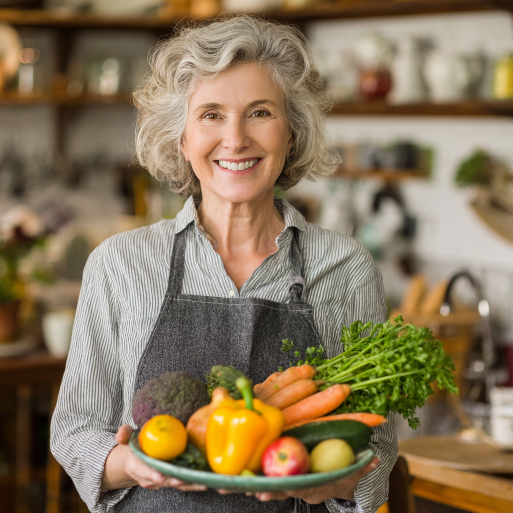 Усміхнена жінка віком 55 років тримає тарілку зі свіжими овочами та фруктами, демонструючи здорове харчування